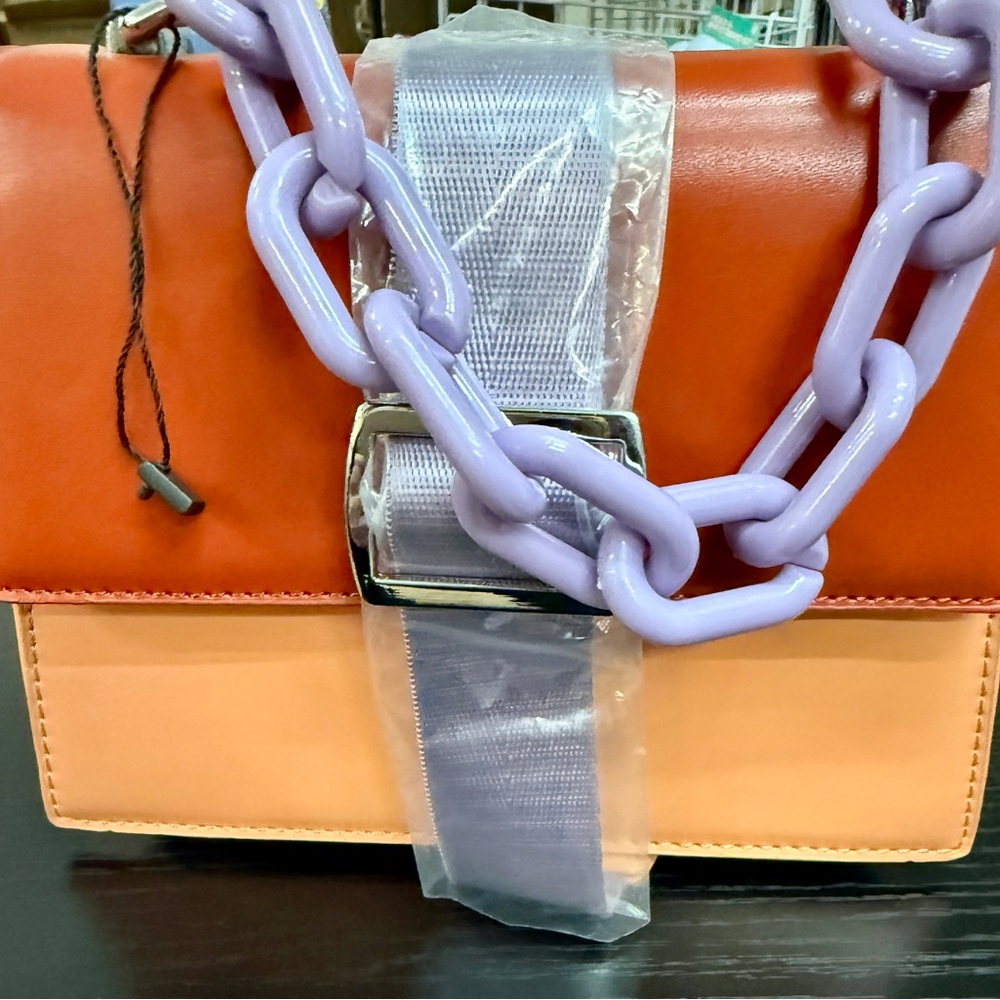 Designer-Inspired Orange and Peach Colorblock Shoulder Bag with Lavender Chain